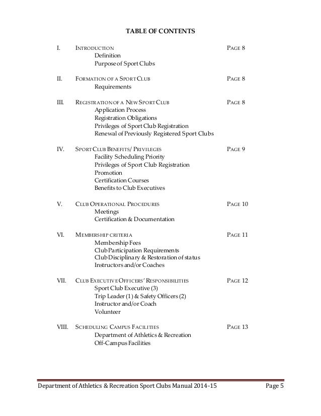 policy manual table of contents